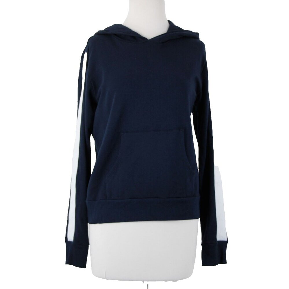 Monrow Sz S Navy White Stripe Embossed Stars Sleeve Cotton Blend Hooded Sweater - Picture 2 of 16
